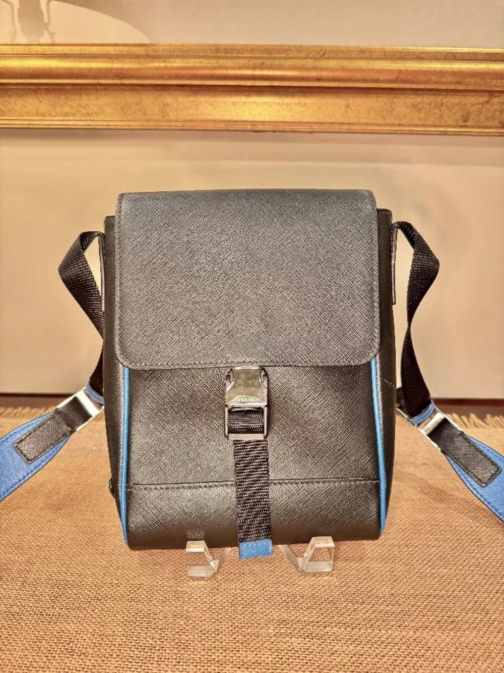 Prada Saffiano Leather Crossbody Bag — Black with Blue Trim